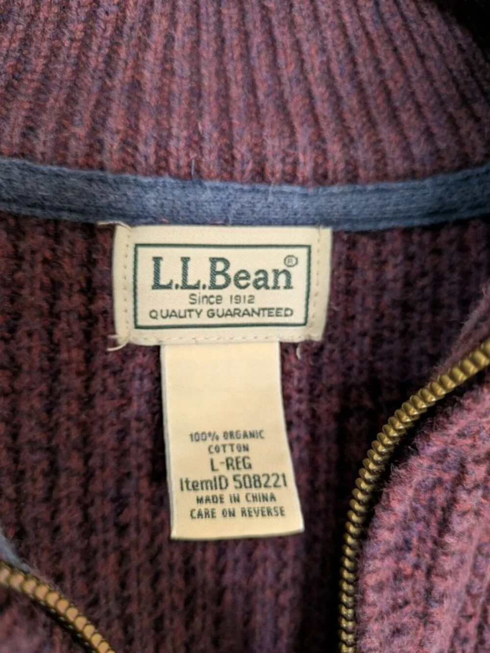 LL Bean Men's Burgundy Organic Cotton Full Zip Waffle Knit Cardigan Sweater LG
